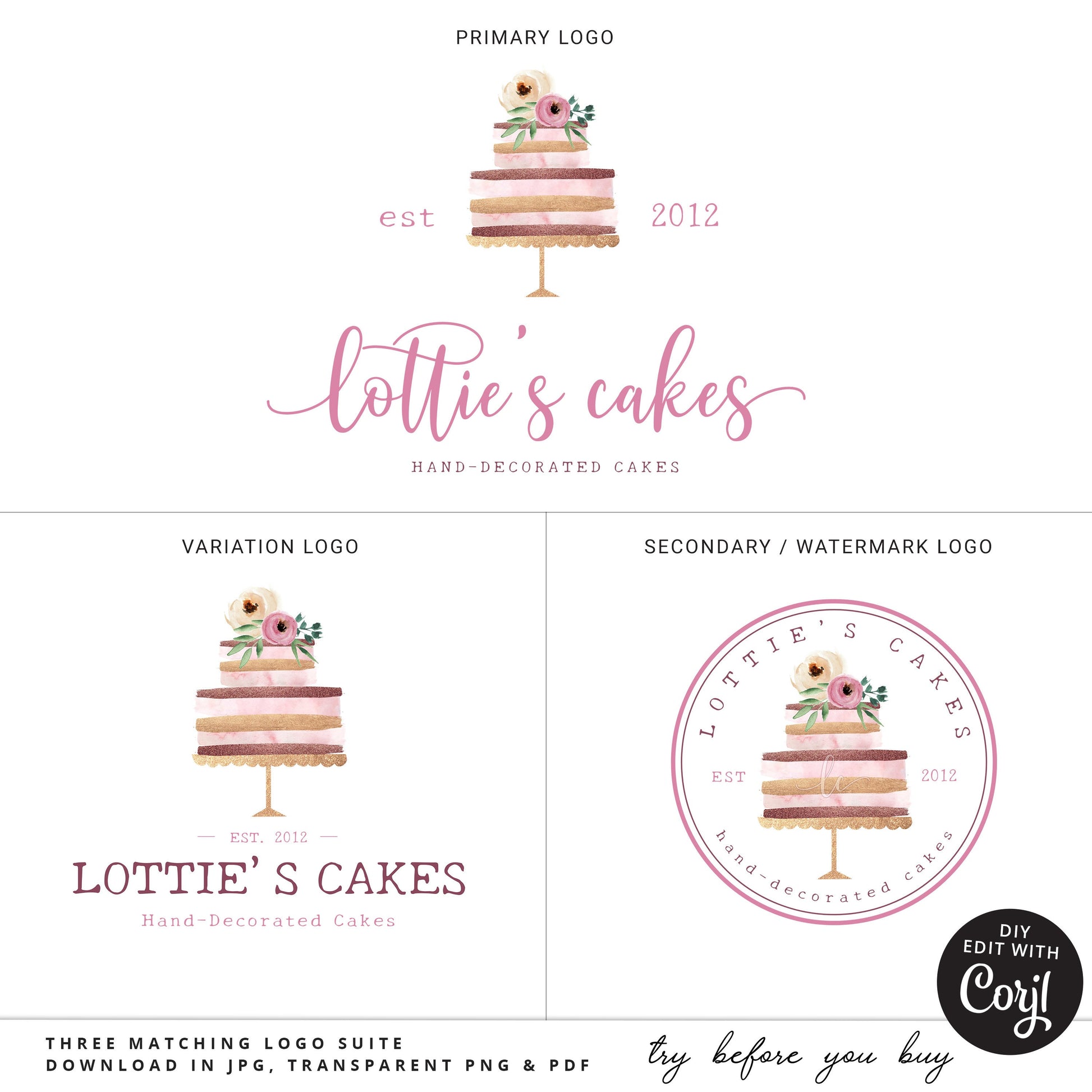 Editable Bakery Branding Bundle, 4pc Cute Cake Logo Kit and Business Card Template, DIY Edit Company Brand Set, Instant Download LC-001