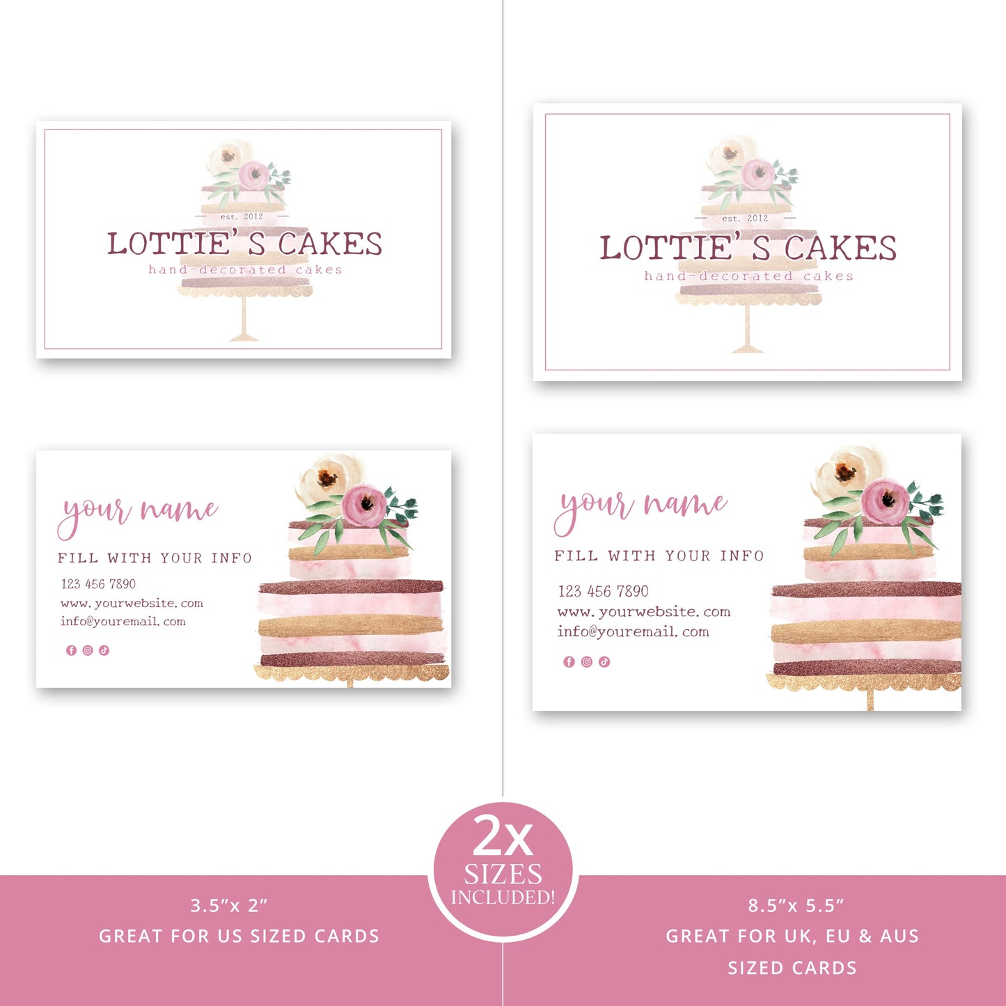 Editable Bakery Branding Bundle, 4pc Cute Cake Logo Kit and Business Card Template, DIY Edit Company Brand Set, Instant Download LC-001