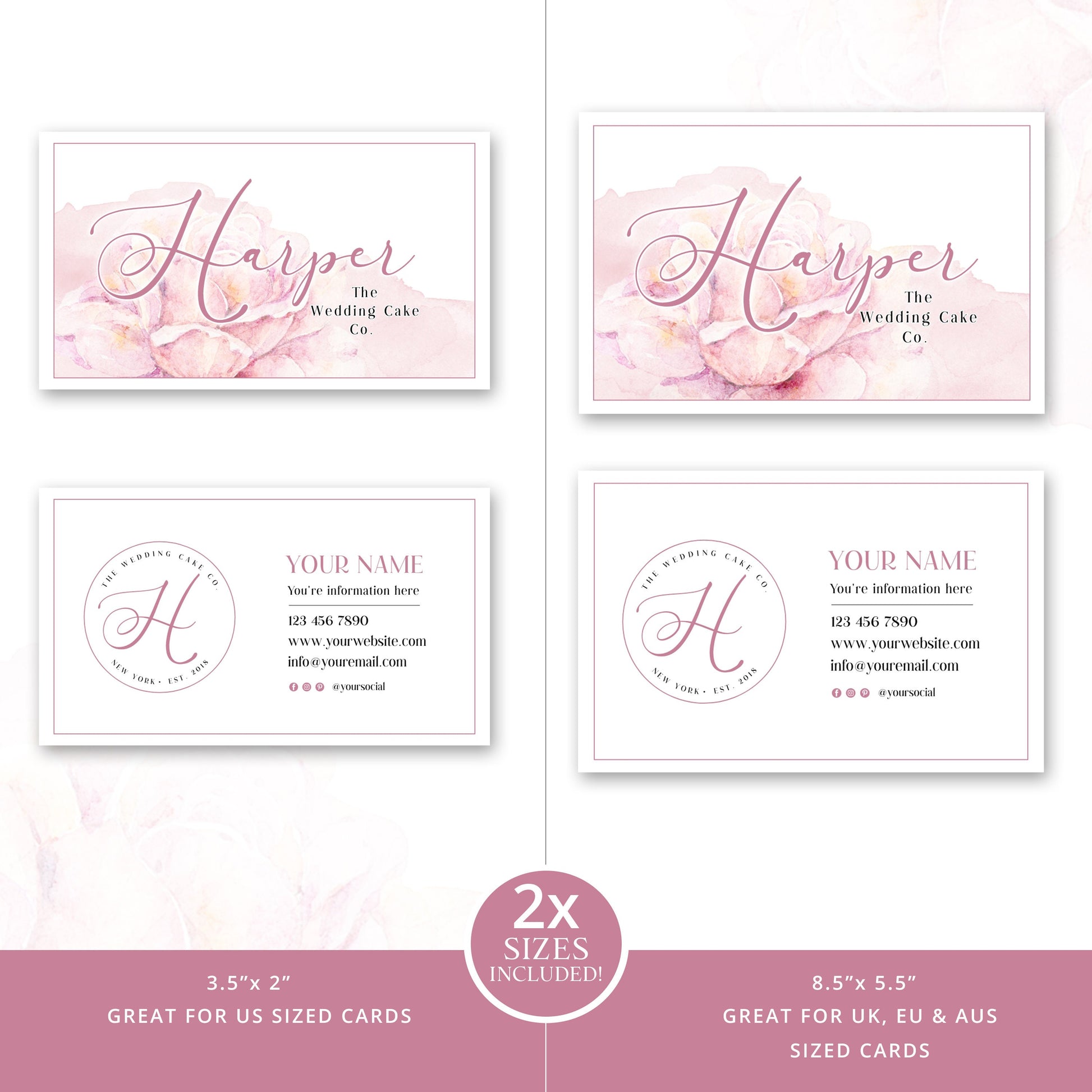 Editable Pink Business Bundle, DIY Edit 4pc Branding Template Kit, Logo Set and Business Card Template, Instant Download Watercolor HW-001