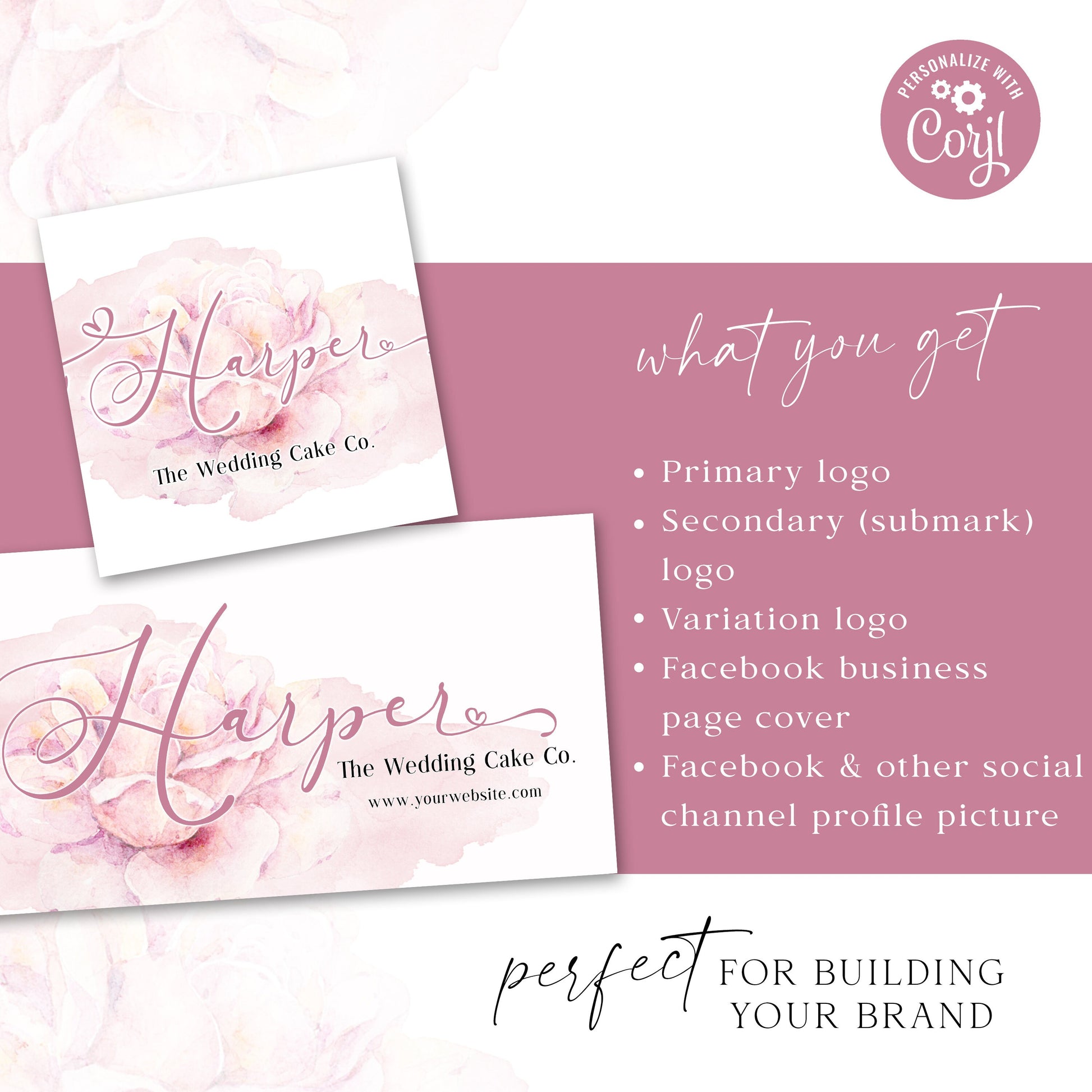 Editable Pink Branding Bundle, DIY Edit 5pc Business Logo Set & Social Branding Kit, Instant Download Watercolor Splash Facebook HW-001