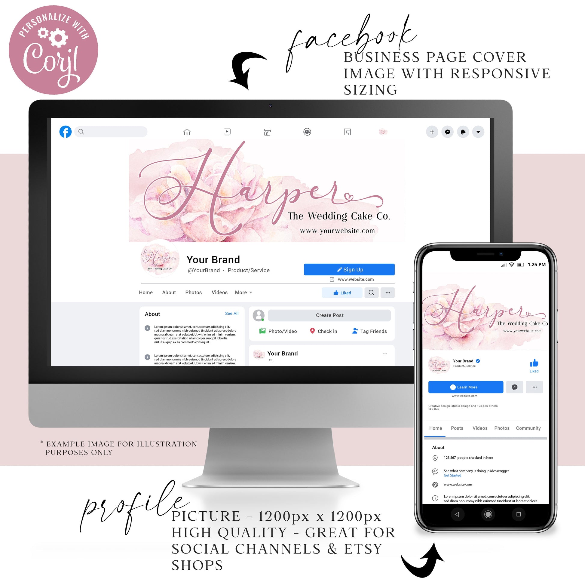 Editable Pink Branding Bundle, DIY Edit 5pc Business Logo Set & Social Branding Kit, Instant Download Watercolor Splash Facebook HW-001