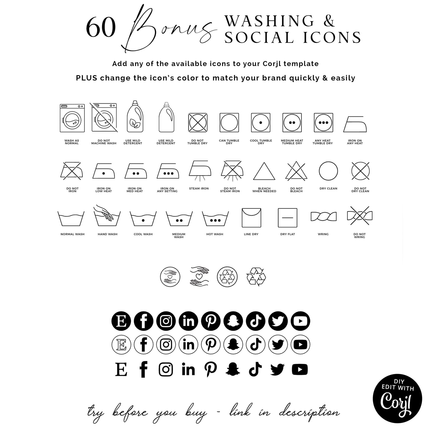 Washing Instructions Card Template, Editable Laundry Care Card, Printable T-Shirt Care Instructions, Minimalist Clothing Care Note KK-001