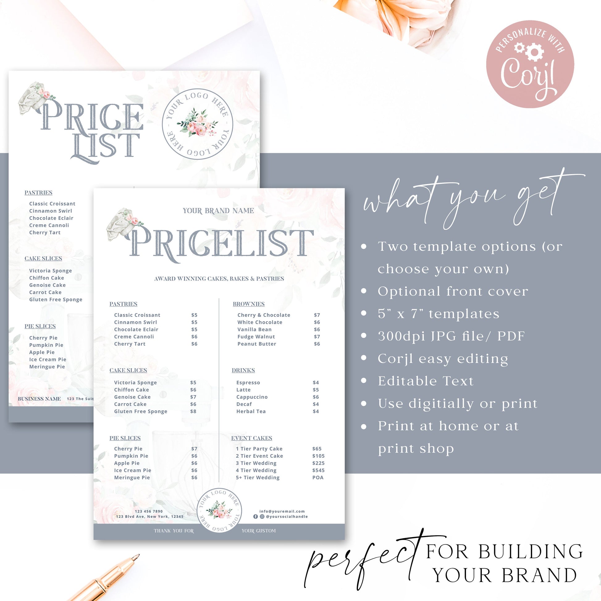 Bakery Price List Template, 5" x 7" Editable Pricing Guide, Customizable Printable Price Guide, DIY Edit Cake Maker Price Sheet JB-001