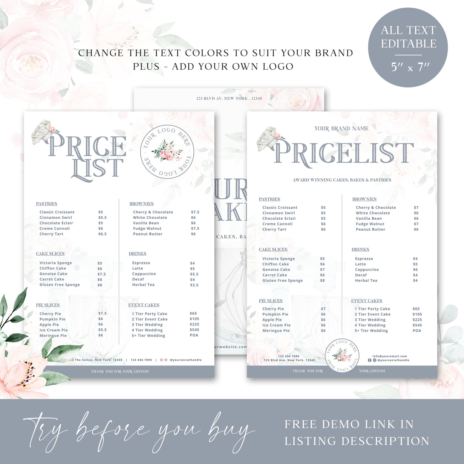 Bakery Price List Template, 5" x 7" Editable Pricing Guide, Customizable Printable Price Guide, DIY Edit Cake Maker Price Sheet JB-001