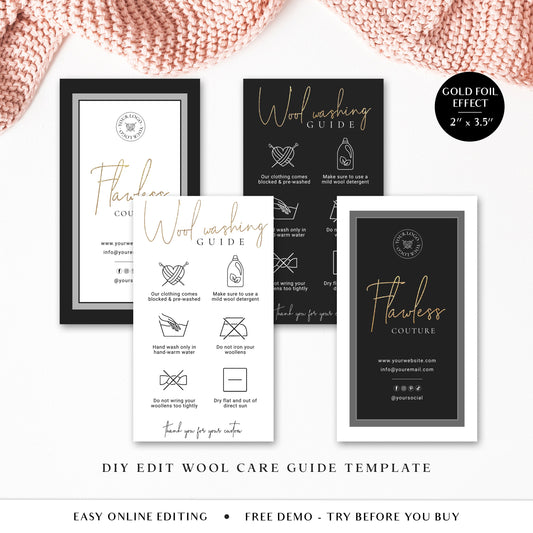 Wool Washing Care Card Template, Editable Crochet Instructions Card, Printable Knitting Care Note, Minimalist Clothing Care Insert FL-001