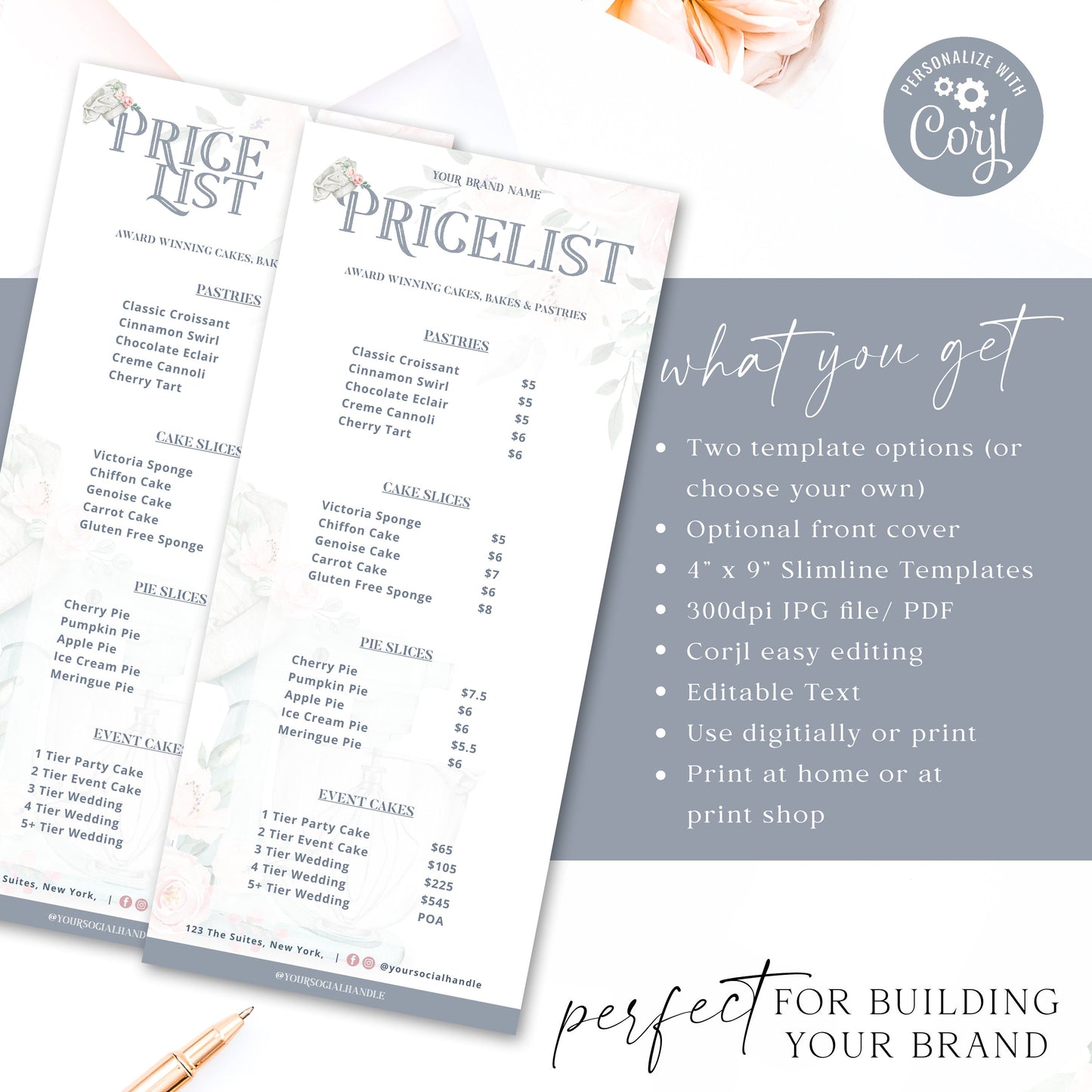 Bakery Price List Template, 4" x 9" Editable Slimline Pricing Guide, Customizable Printable Price Guide, DIY Edit Cake Price Sheet JB-001