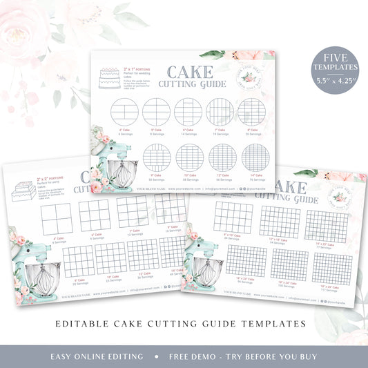 Editable Cake Cutting Guide Templates Bundle, Printable Wedding Cake Portion Instructions, Round, Square & Sheet Cake Serving JB-001