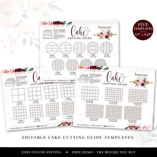 Editable Cake Cutting Guide Templates Bundle, Printable Wedding Cake Portion Instructions, Round, Square & Sheet Cake Serving CQ-001