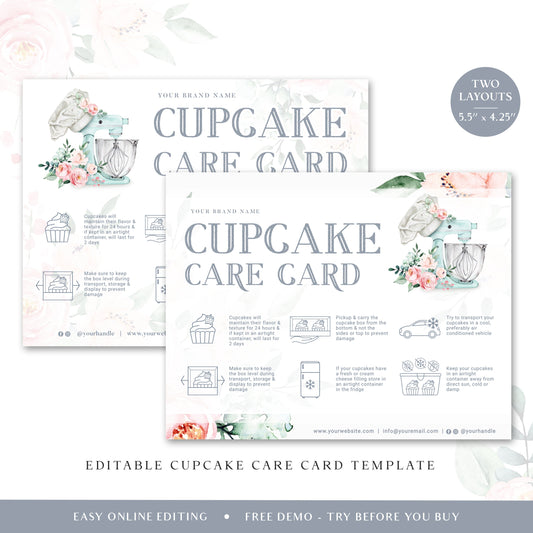 Editable Cupcake Care Card, Printable Cupcake Care Template, Watercolor Mixer Muffin Care Guide, Fresh Cupcake Transport Instructions JB-001
