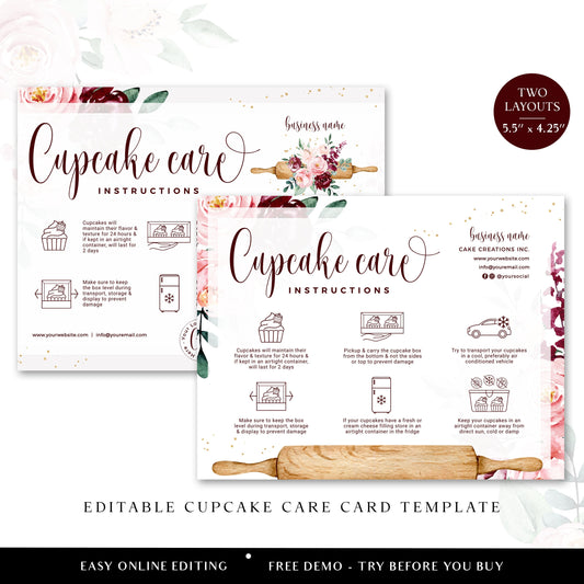 Editable Cupcake Care Card, Printable Cupcake Care Template, Red & Gold Foil Muffin Care Guide, Fresh Cupcake Transport Instructions CQ-001