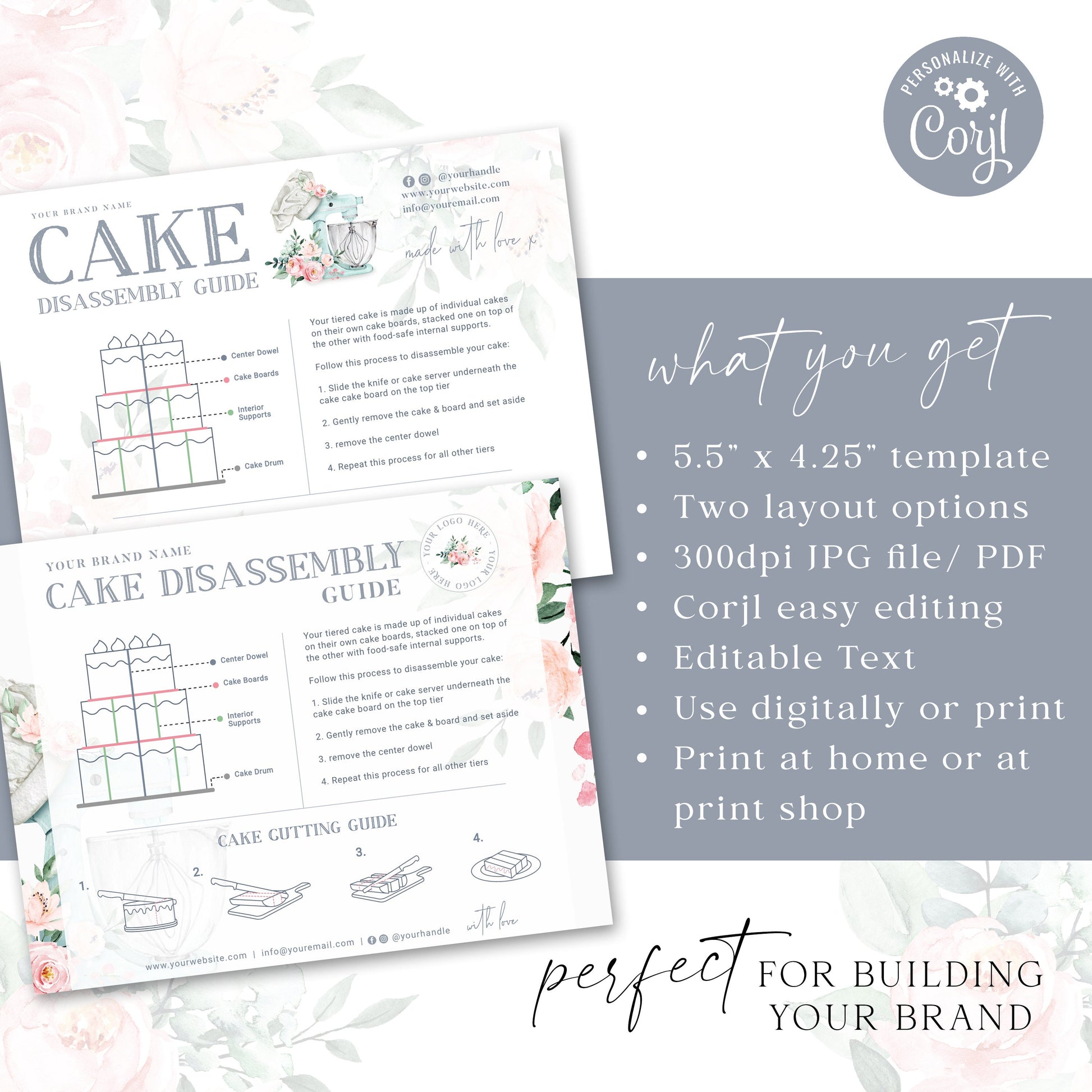 Editable Cake Disassemble Guide Card, Printable Disassembly Template, Watercolor Mixer Bakery Cake Serving Instructions Note JB-001