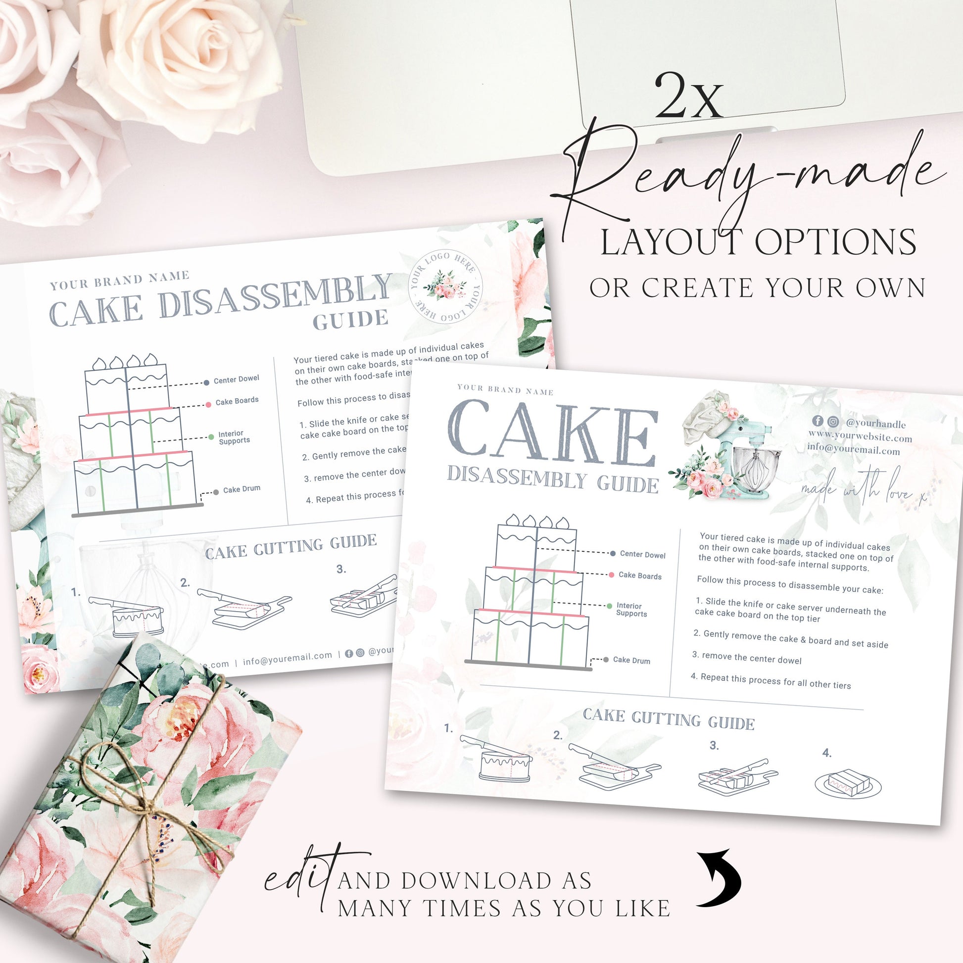 Editable Cake Disassemble Guide Card, Printable Disassembly Template, Watercolor Mixer Bakery Cake Serving Instructions Note JB-001