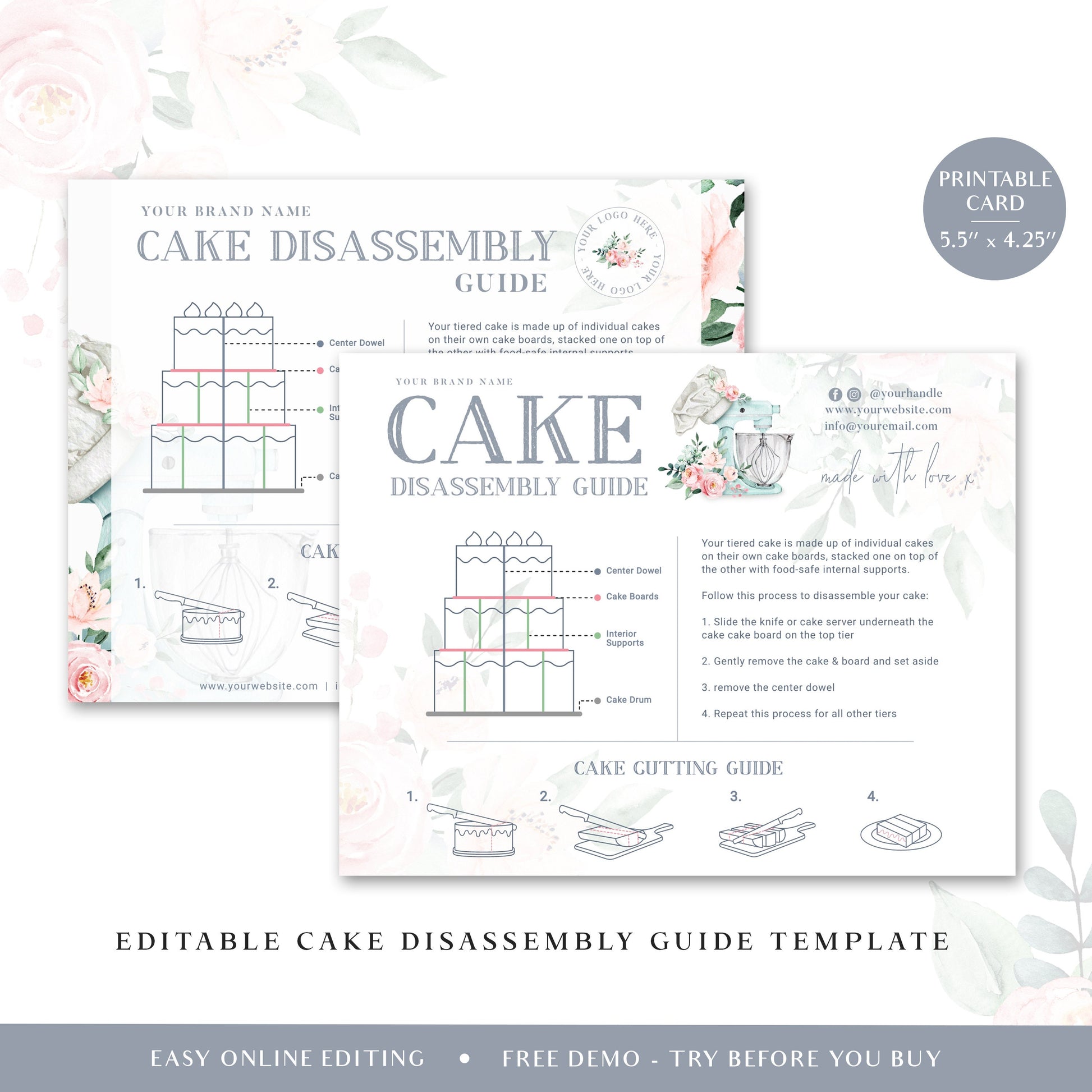 Editable Cake Disassemble Guide Card, Printable Disassembly Template, Watercolor Mixer Bakery Cake Serving Instructions Note JB-001