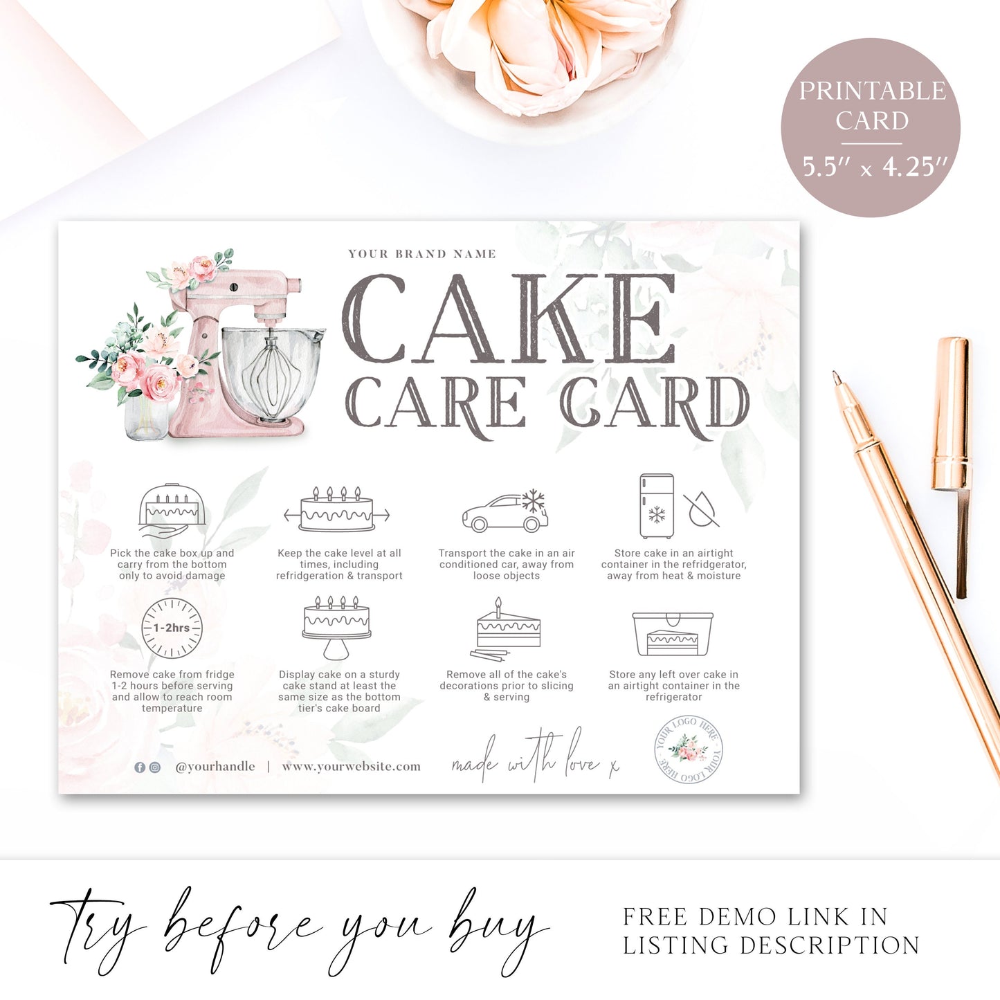Editable Cake Care Card, Printable Cake Care Template, Pink Watercolor Mixer Cake Care Guide, Wedding Cake Transport Instructions DC-001