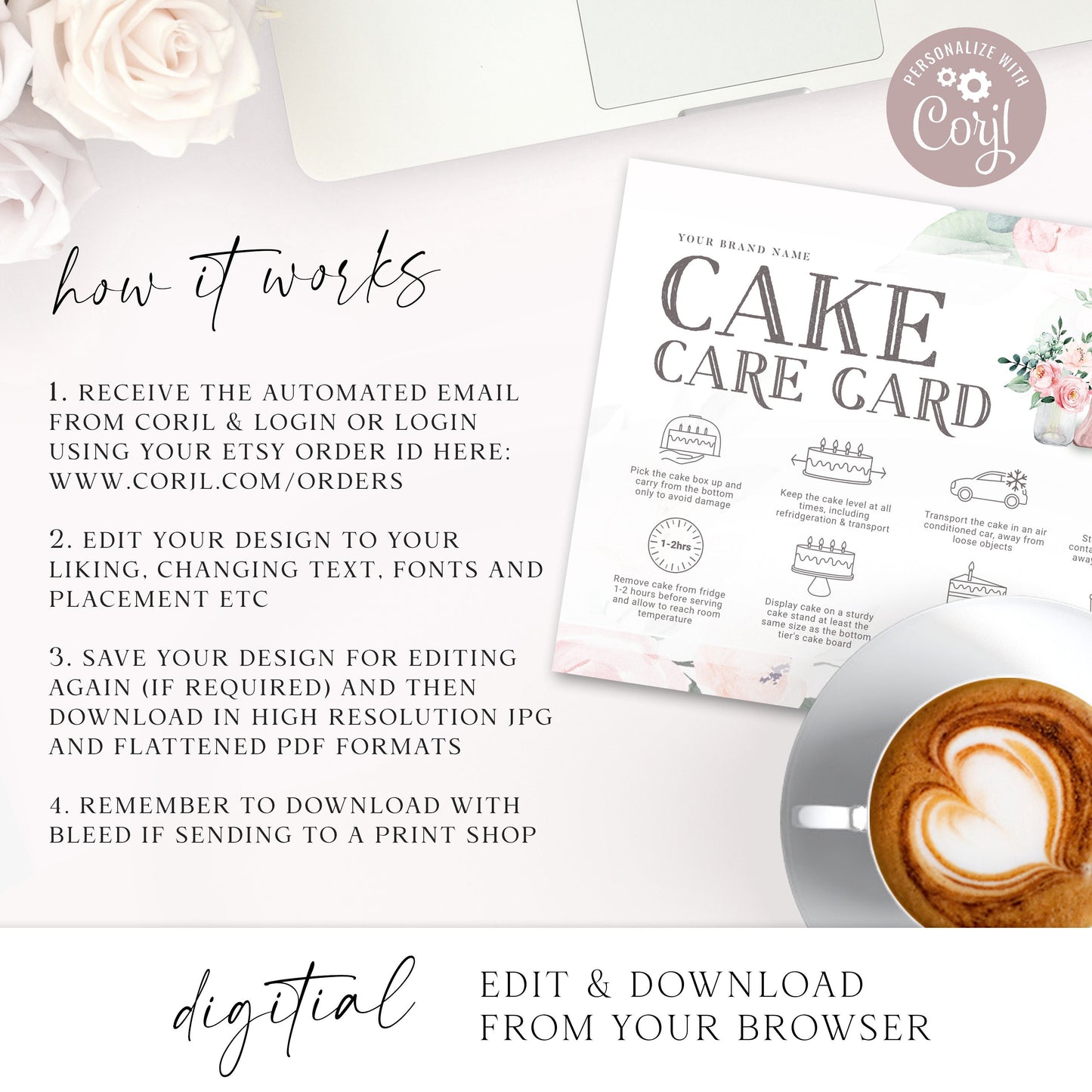 Editable Cake Care Card, Printable Cake Care Template, Pink Watercolor Mixer Cake Care Guide, Wedding Cake Transport Instructions DC-001