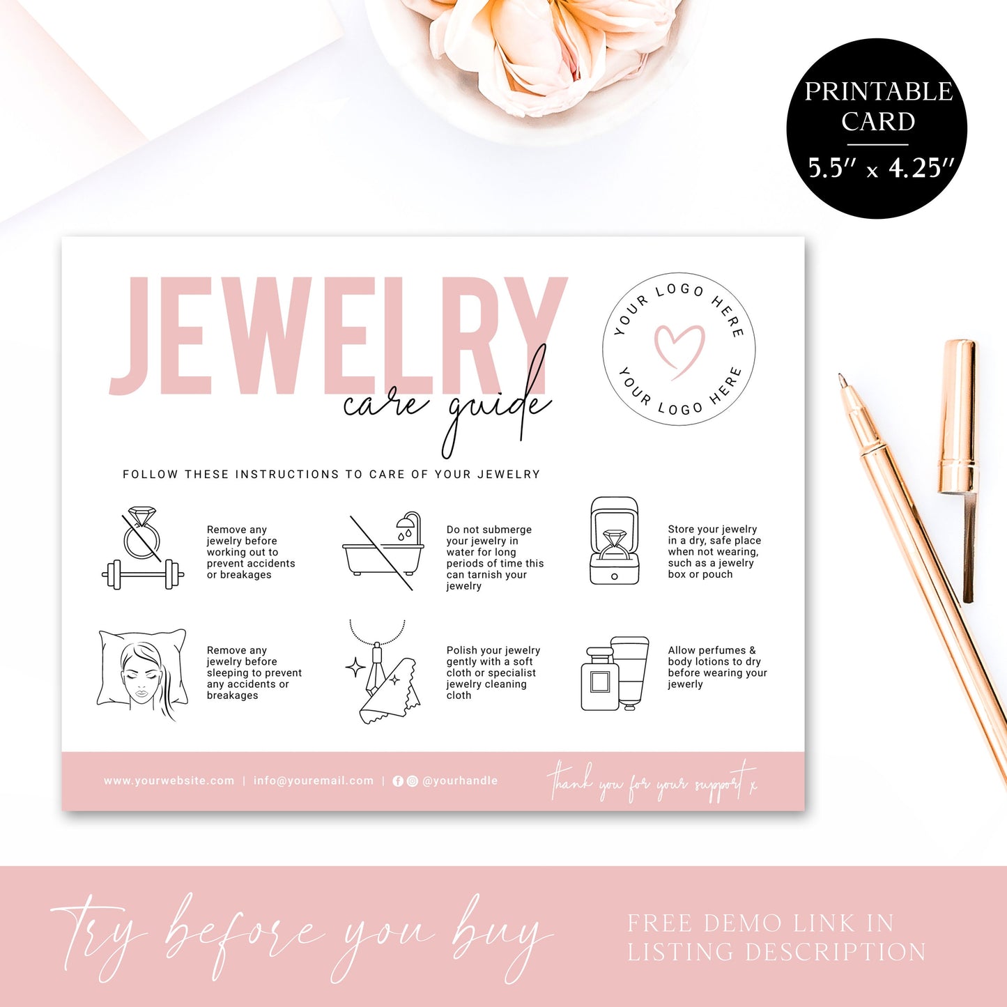 Jewelry Care Editable Template, DIY Minimalist Jewellery Care Guide Card, Simple Customizable Printable Jewelry Instructions Insert PD-001