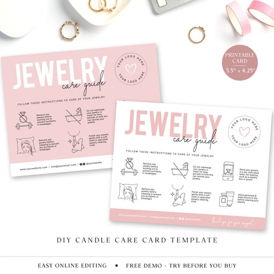 Jewelry Care Editable Template, DIY Minimalist Jewellery Care Guide Card, Simple Customizable Printable Jewelry Instructions Insert PD-001