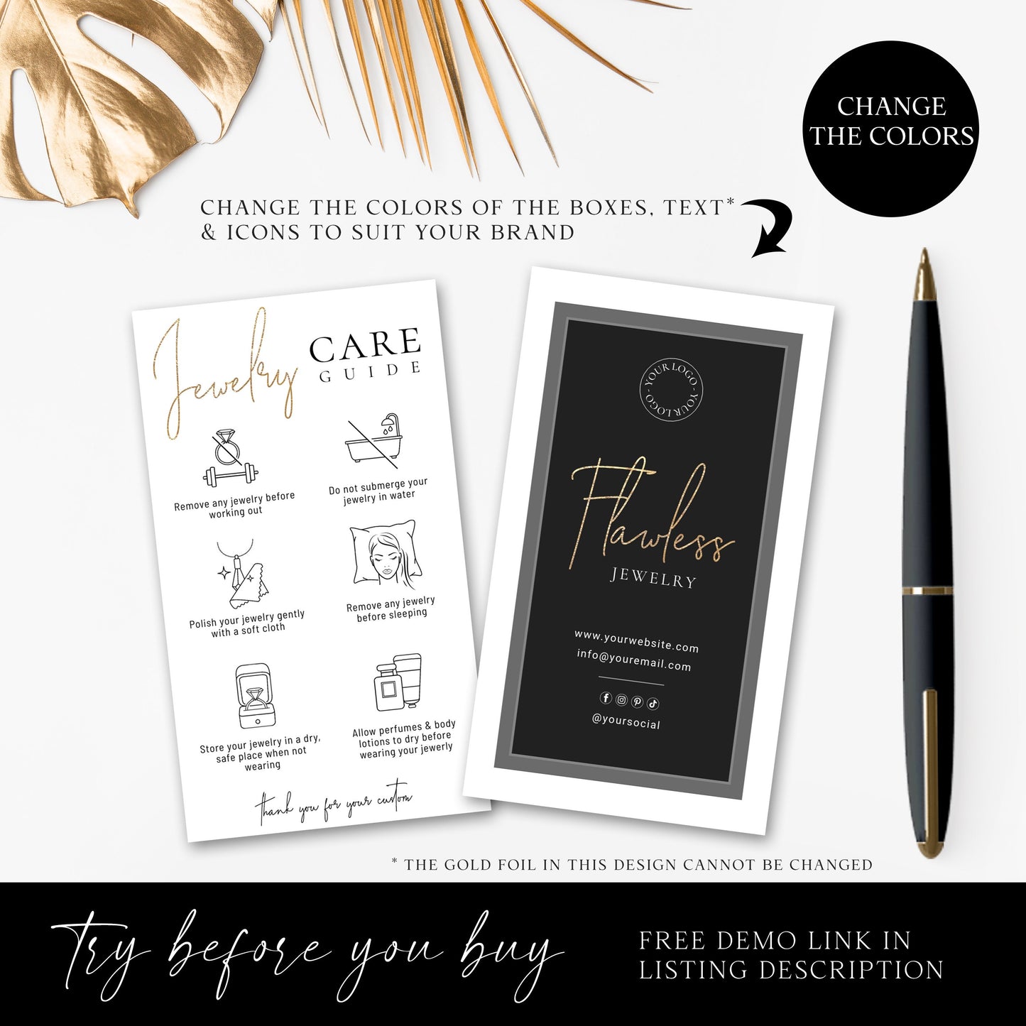 DIY Jewelry Care Editable Template, 2 Sizes Gold Foil DIY Edit Jewellery Care Guide Card, Printable Customizable Care Instructions FL-001