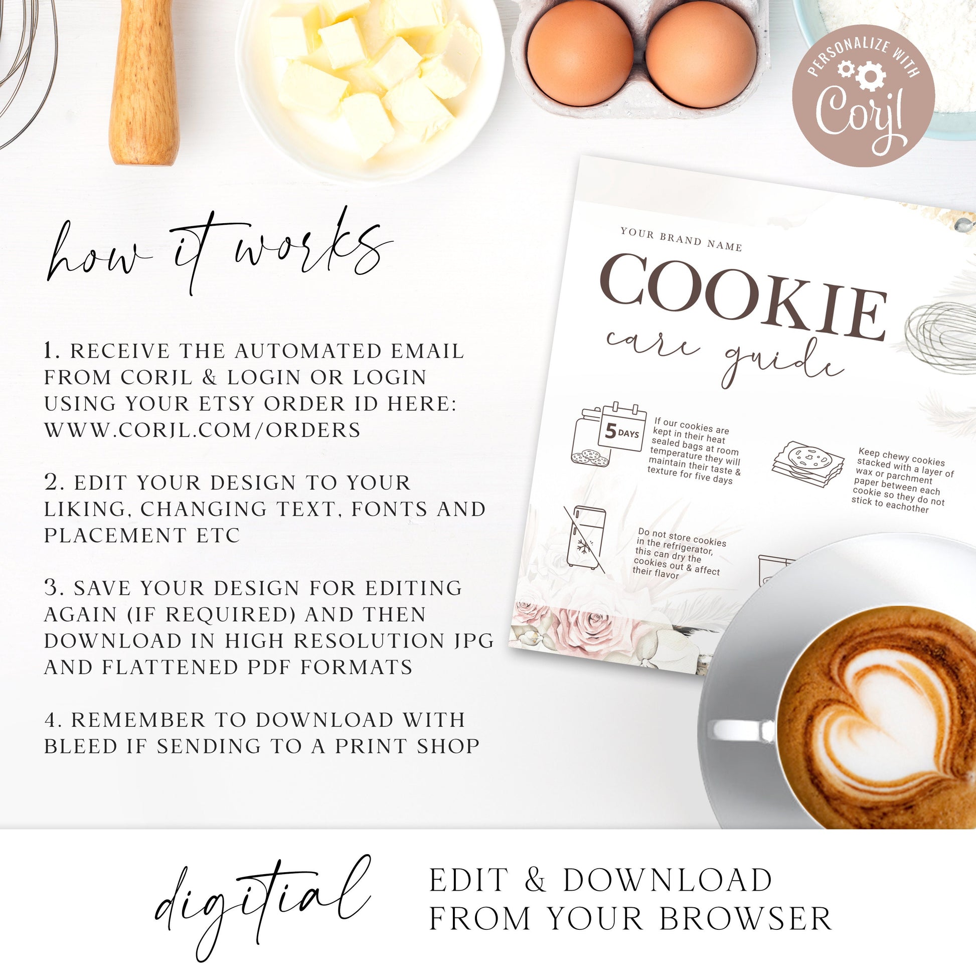 Editable Cookies Care Card, (2 Sizes) Printable Cookie Care Template, Watercolor Whisk Bakery Guide, Rustic Biscuit Care Instructions VB-001