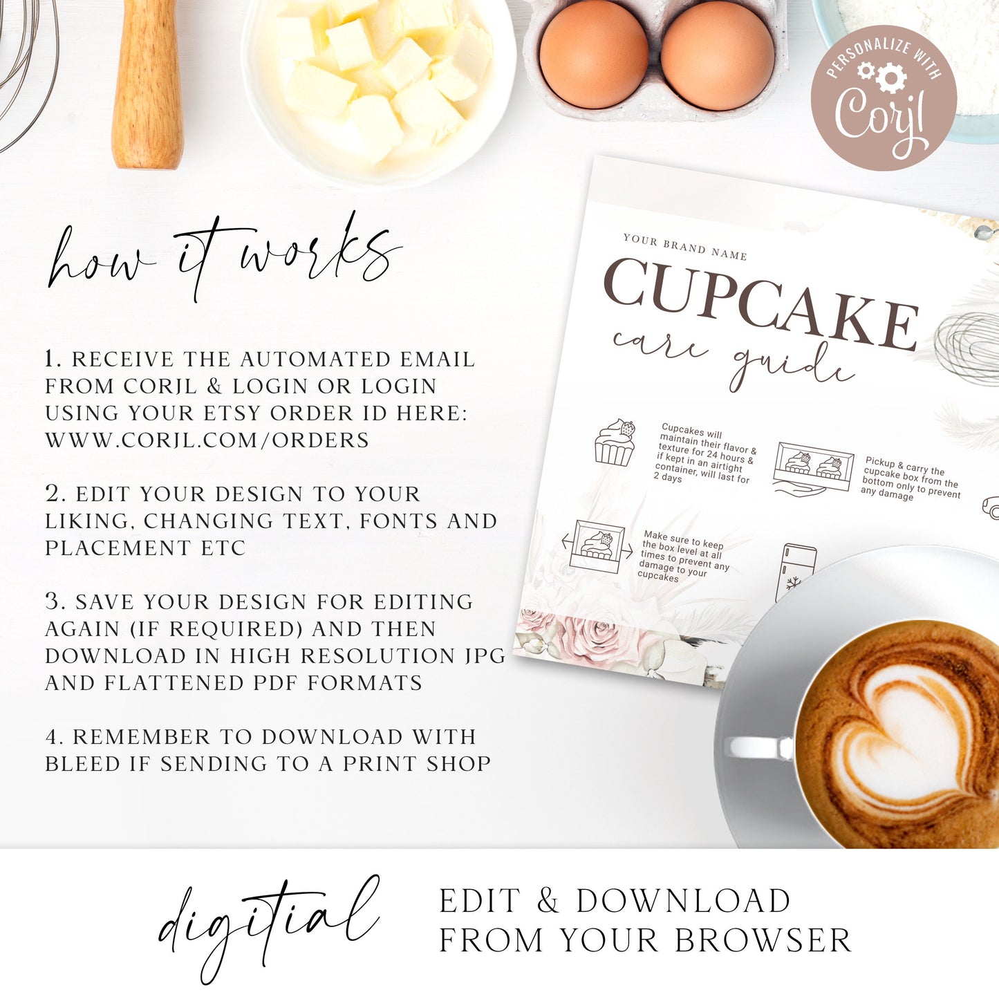 Editable Cupcake Care Card, (2 Sizes) Printable Cupcake Care Template, Watercolor Whisk Muffin Care Guide, Fresh Cupcake Instructions VB-001