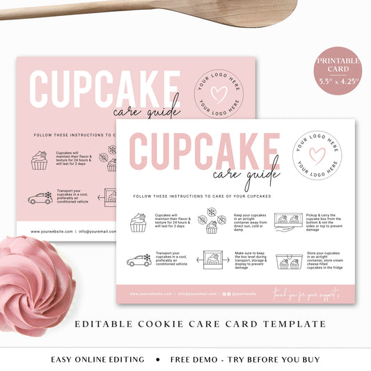 Editable Cupcake Care Card, Printable Cupcake Care Template, Minimalist Muffin Care Guide, Fresh Cupcake Transport Instructions PD-001