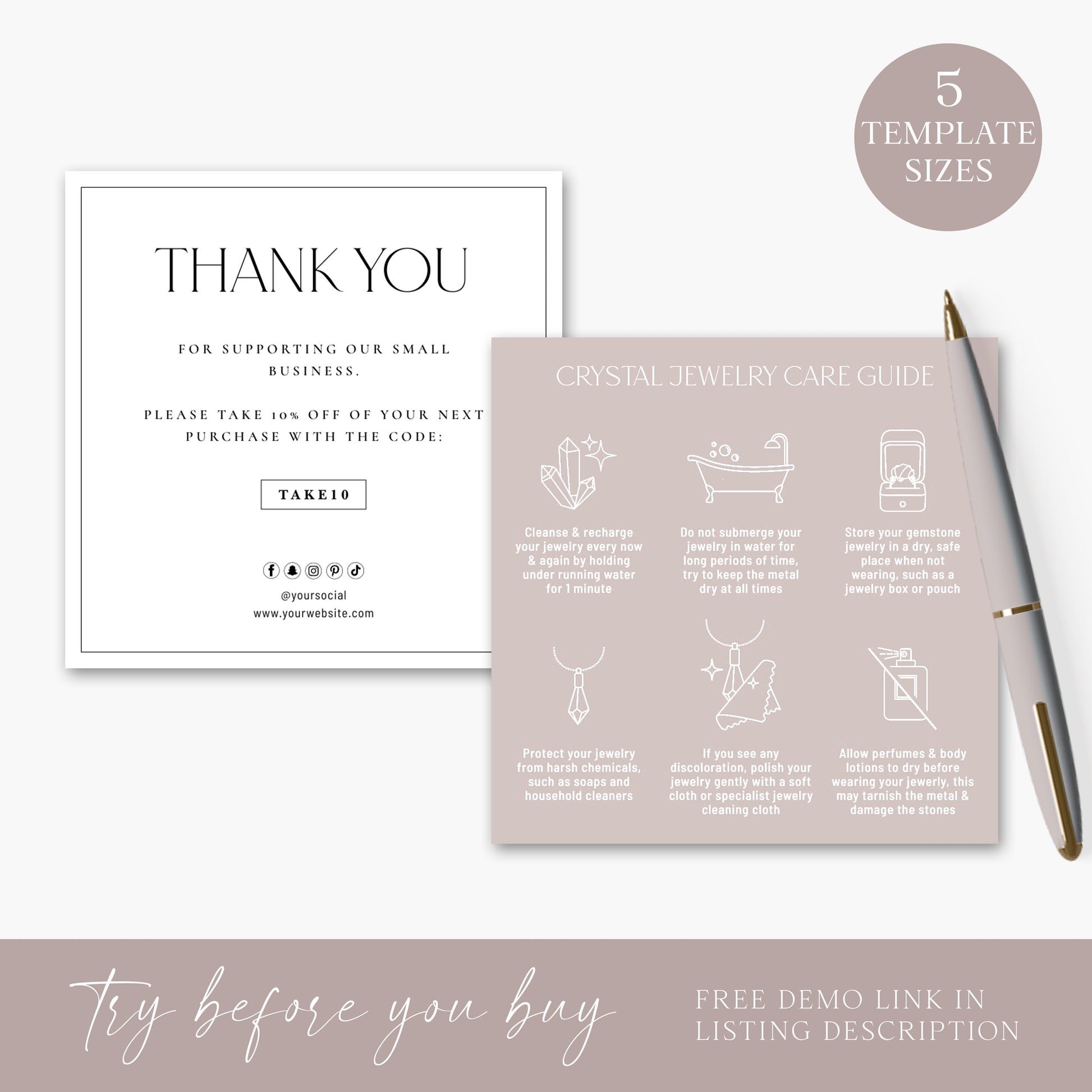 Editable Crystal Jewelry Care Template, 5 Sizes Minimalist DIY Edit Jewellery Care Guide Card, Printable Gemstone Care Instructions SD-002