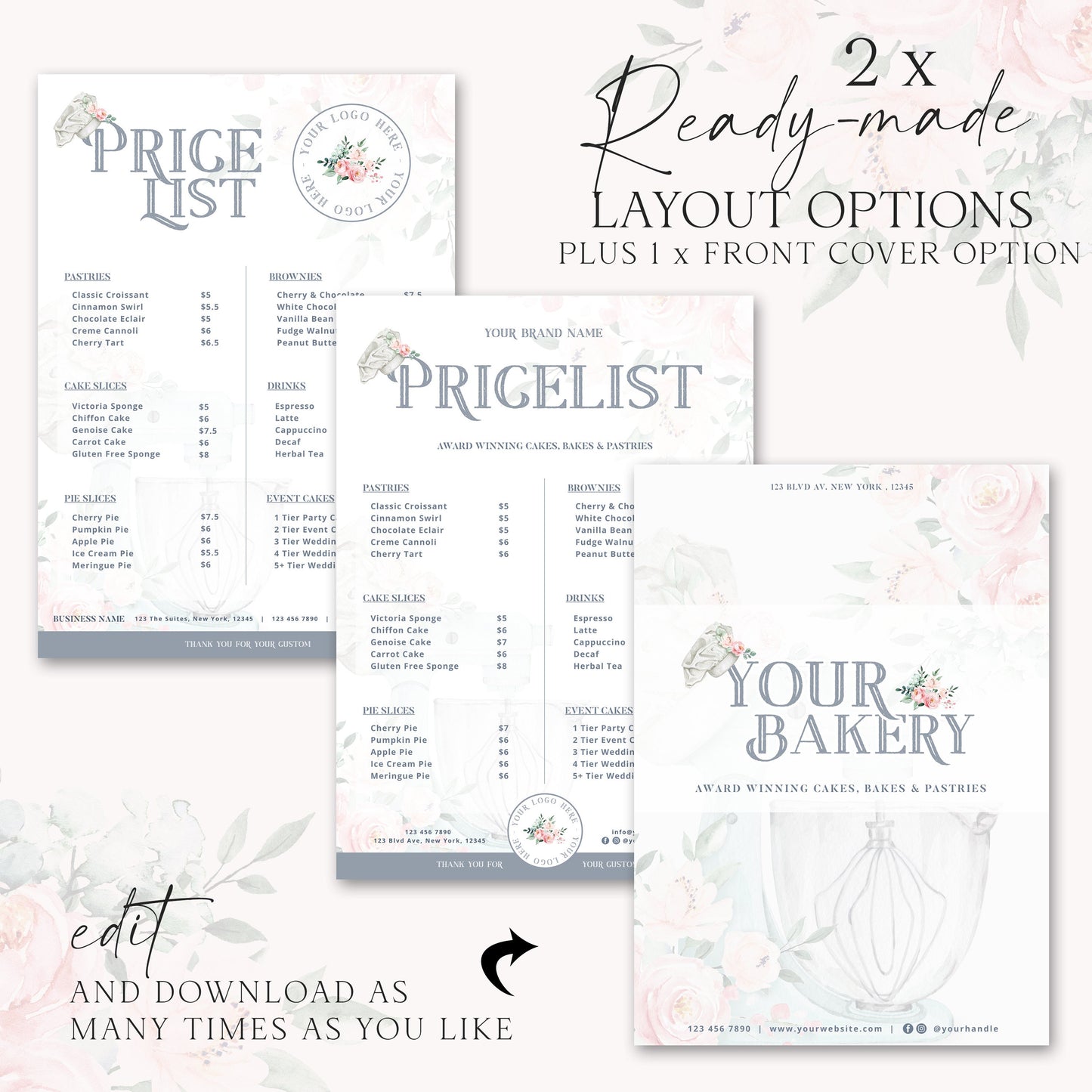 Bakery Price List Template, 5" x 7" Editable Pricing Guide, Customizable Printable Price Guide, DIY Edit Cake Maker Price Sheet JB-001