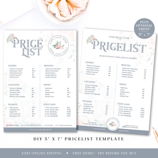 Bakery Price List Template, 5" x 7" Editable Pricing Guide, Customizable Printable Price Guide, DIY Edit Cake Maker Price Sheet JB-001