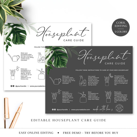 Editable Houseplant Care Card, Printable Plant Care Template, Watercolor Leaf Plant Care Guide, Houseplant Instructions Insert AL-001