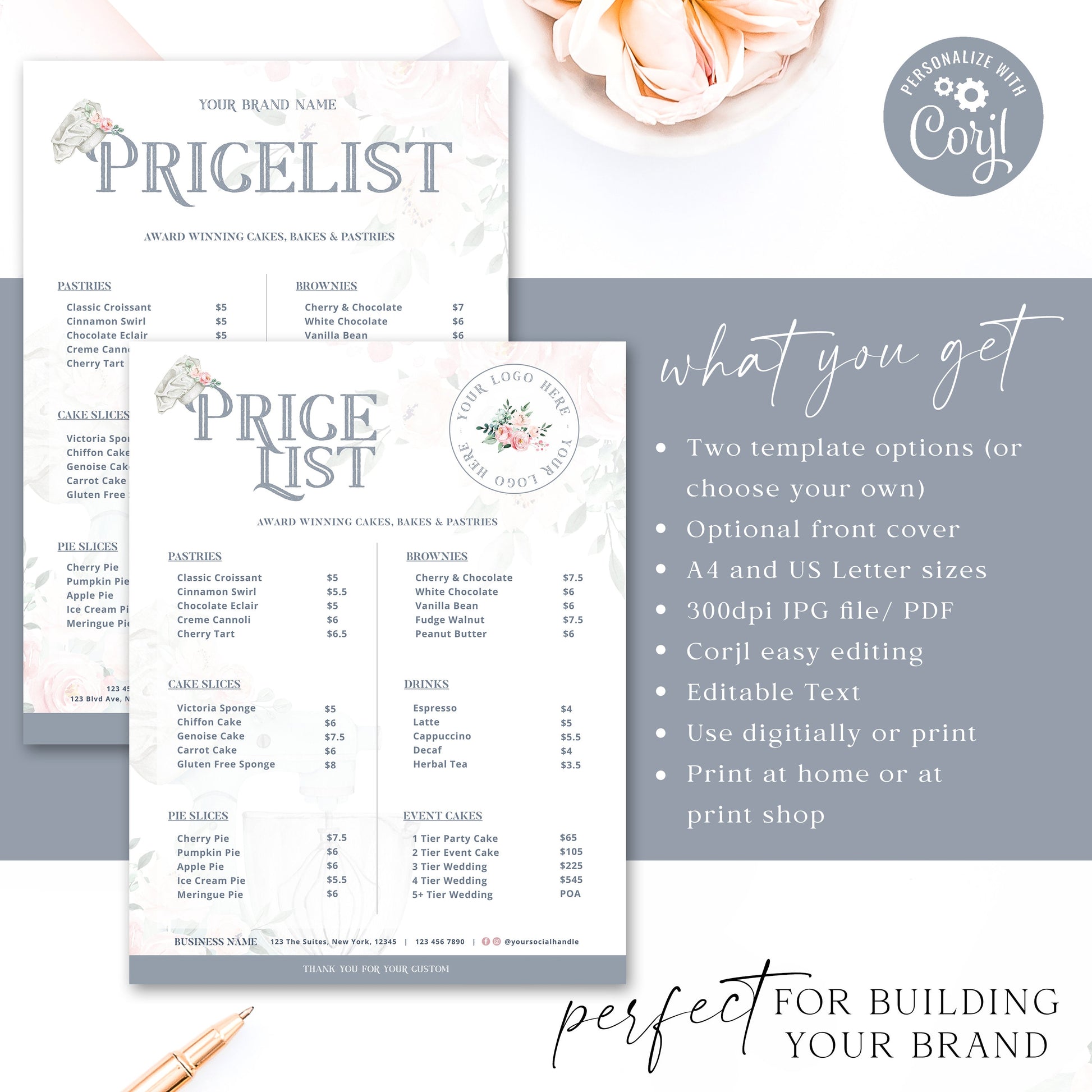 Bakery Price List Template, A4 & US Letter Editable Pricing Guide, Customizable Printable Price Guide, DIY Edit Cake Price Sheet JB-001