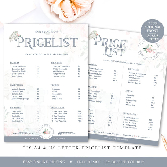 Bakery Price List Template, A4 & US Letter Editable Pricing Guide, Customizable Printable Price Guide, DIY Edit Cake Price Sheet JB-001