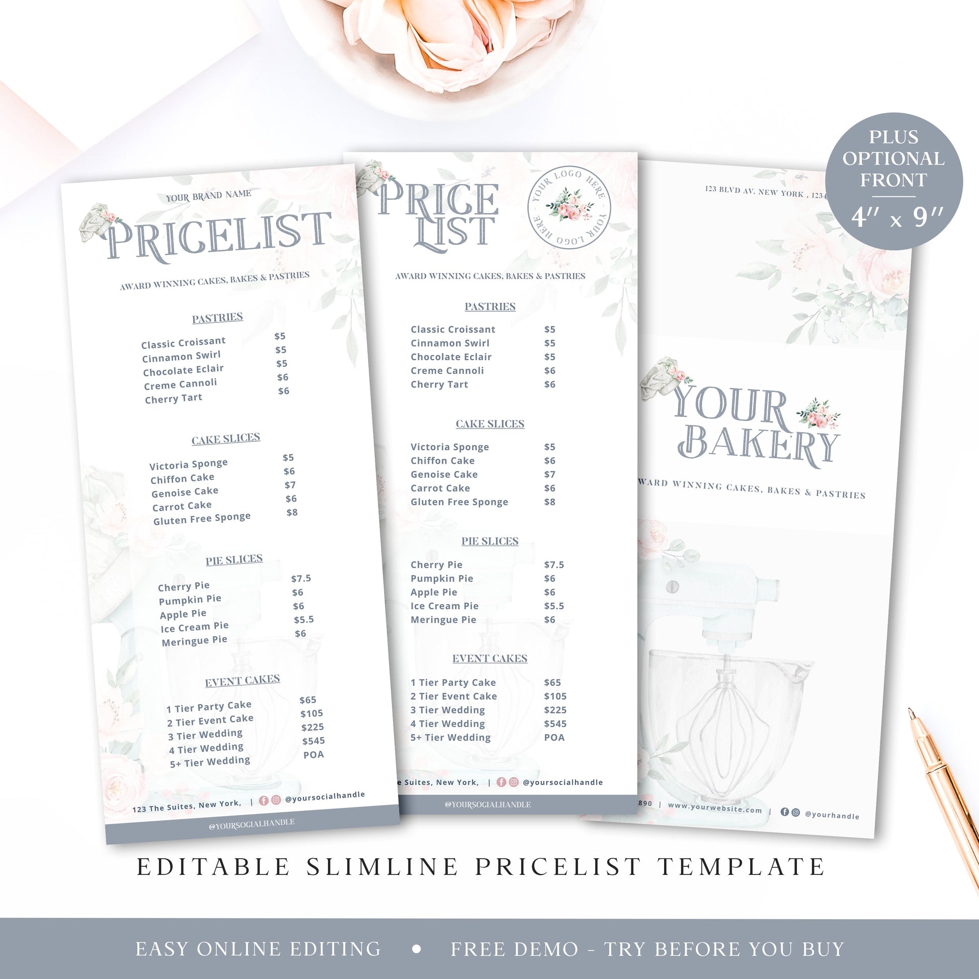 Bakery Price List Template, 4" x 9" Editable Slimline Pricing Guide, Customizable Printable Price Guide, DIY Edit Cake Price Sheet JB-001