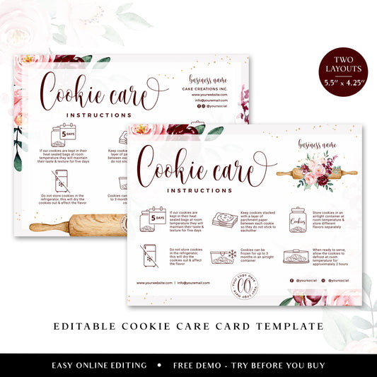Editable Cookie Care Card, Printable Cookies Care Template, Watercolor Flowers Biscuit Care Guide, Cookie Care Instructions Insert CQ-001