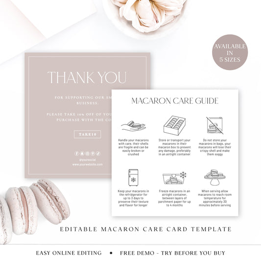 Editable Macaron Care Card, Minimalist Macaroon Care Template, DIY Edit Bakery Care Guide, Printable Macaron Instructions Insert SD-002