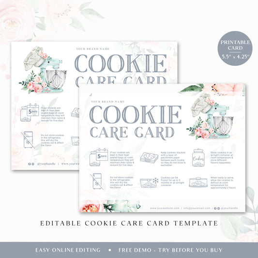Editable Cookies Care Card, Printable Cookie Care Template, Watercolor Mixer Bakery Care Guide, Biscuit Care Instructions JB-001