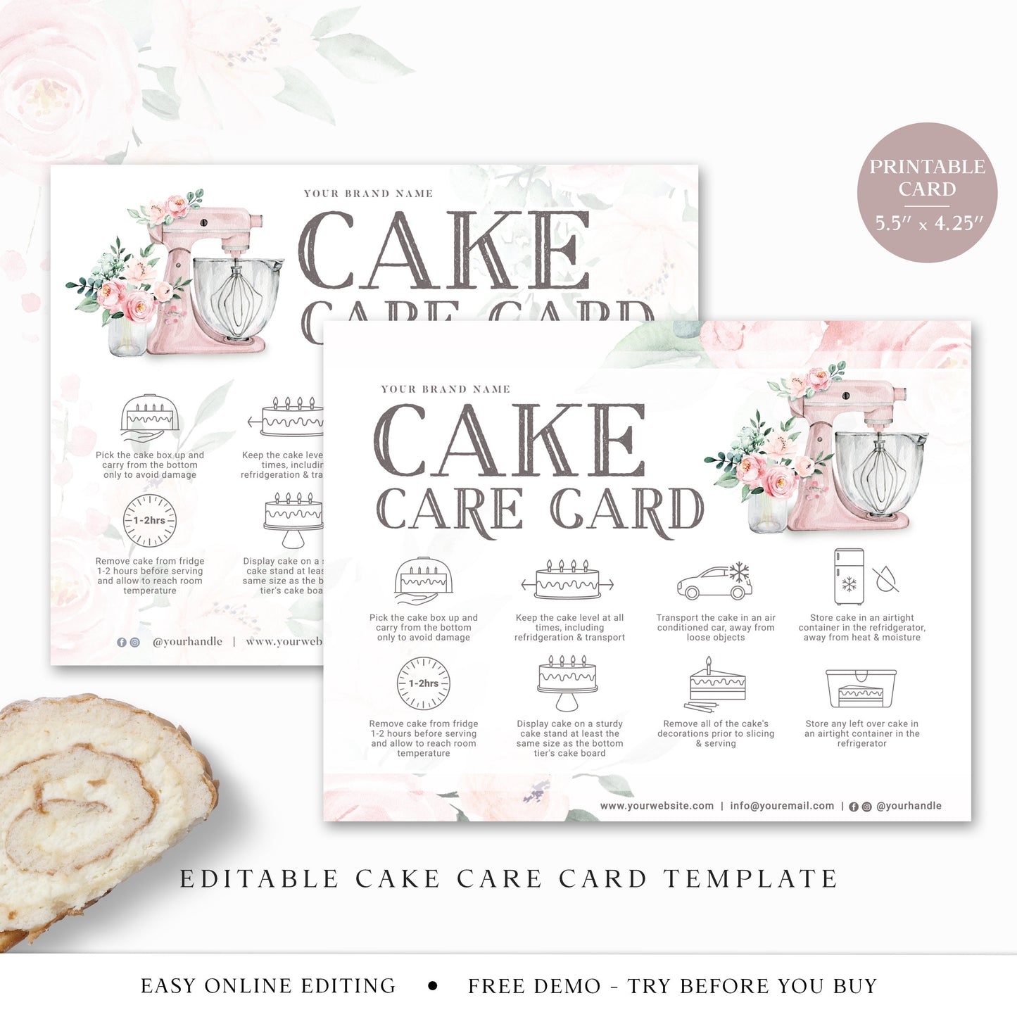 Editable Cake Care Card, Printable Cake Care Template, Pink Watercolor Mixer Cake Care Guide, Wedding Cake Transport Instructions DC-001