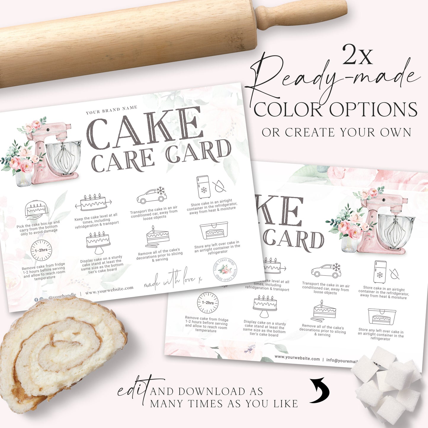 Editable Cake Care Card, Printable Cake Care Template, Pink Watercolor Mixer Cake Care Guide, Wedding Cake Transport Instructions DC-001