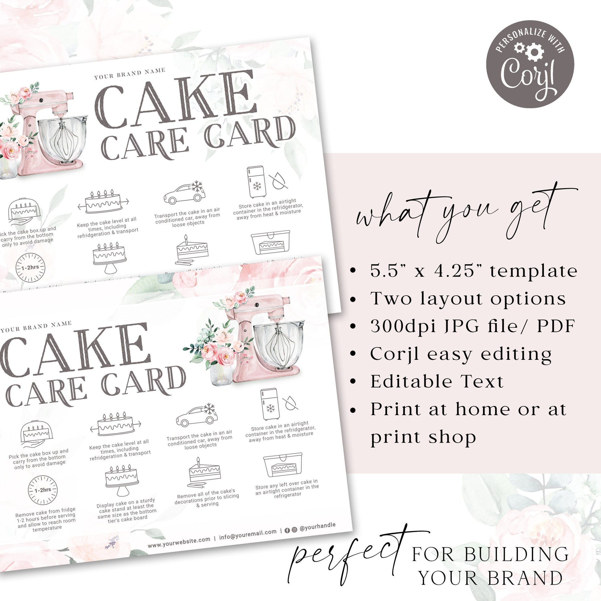 Editable Cake Care Card, Printable Cake Care Template, Pink Watercolor Mixer Cake Care Guide, Wedding Cake Transport Instructions DC-001