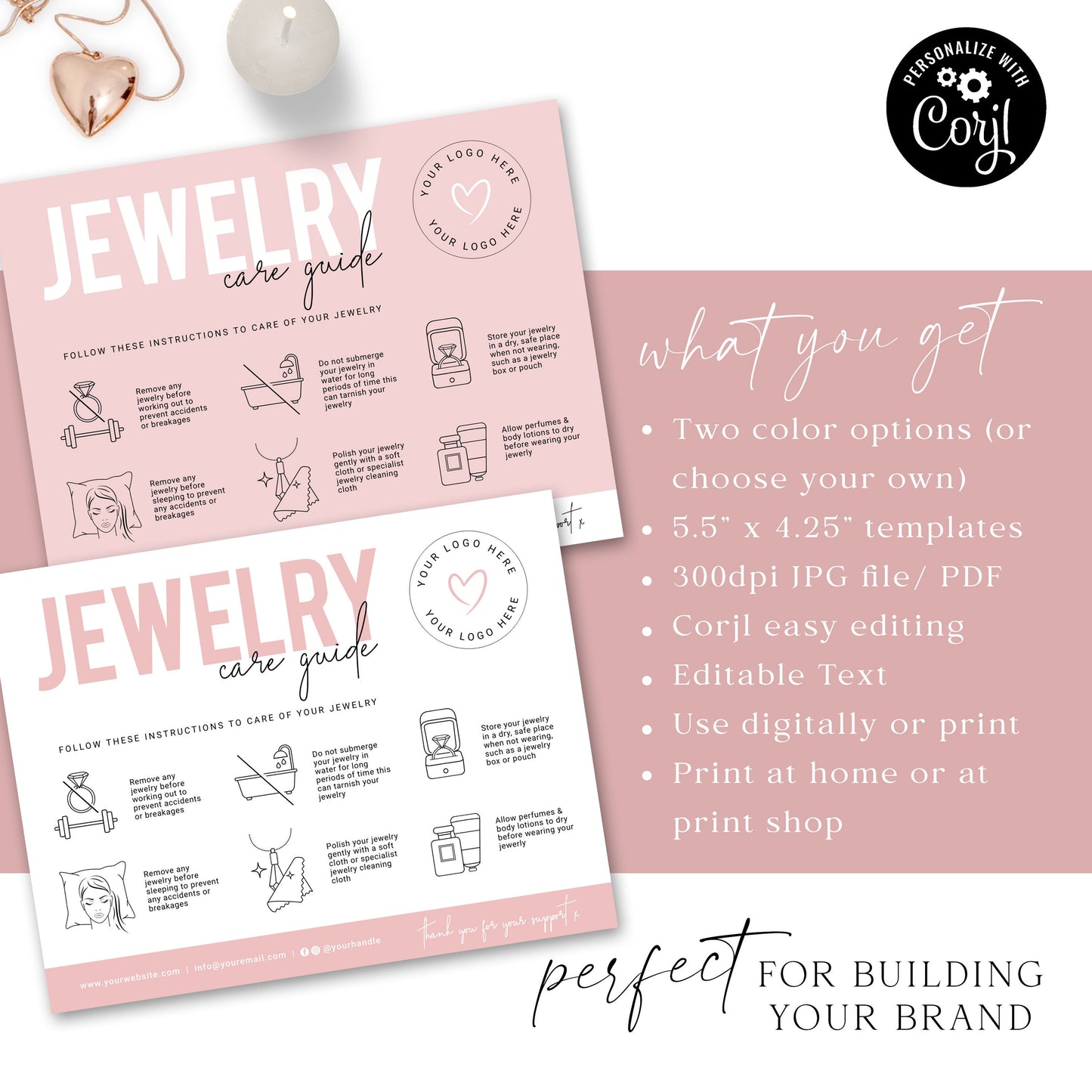 Jewelry Care Editable Template, DIY Minimalist Jewellery Care Guide Card, Simple Customizable Printable Jewelry Instructions Insert PD-001