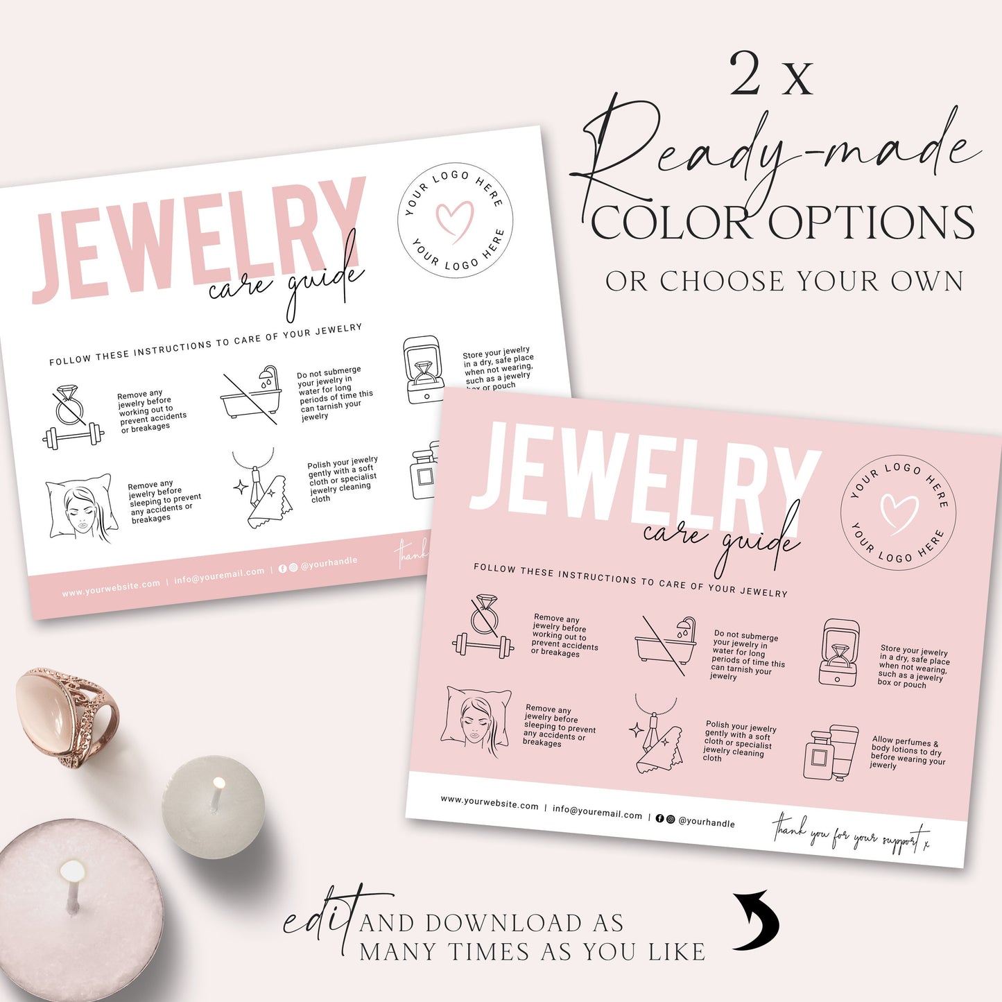 Jewelry Care Editable Template, DIY Minimalist Jewellery Care Guide Card, Simple Customizable Printable Jewelry Instructions Insert PD-001