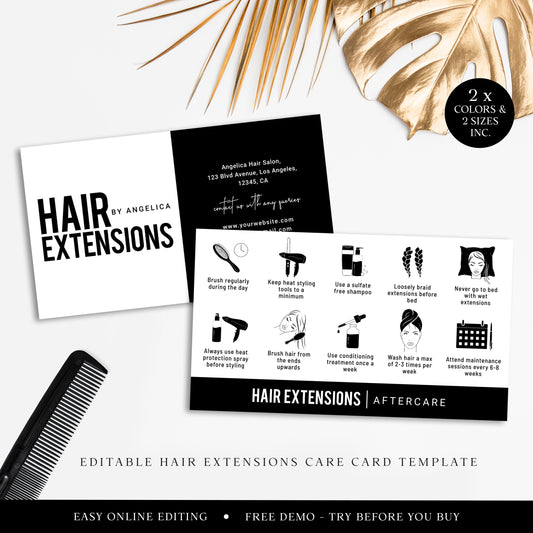 Hair Extensions Care Editable Template, Minimalist Hair Extension Care Card, DIY Edit Hair Salon Care Guide, Printable Instructions SD-005