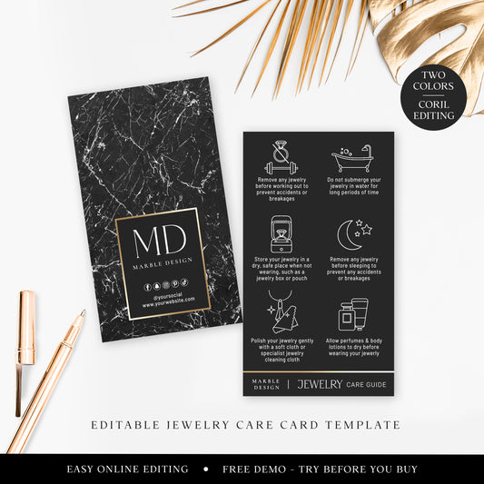 Editable Jewelry Care Template, 2 Sizes Marble DIY Edit Jewellery Care Guide Card, Printable Square Care Instructions MD-002