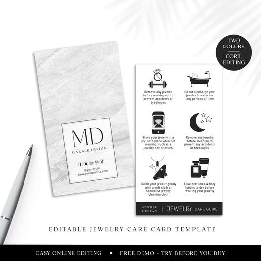 Editable Jewelry Care Template, 2 Sizes Marble DIY Edit Jewellery Care Guide Card, Printable Square Care Instructions MD-002