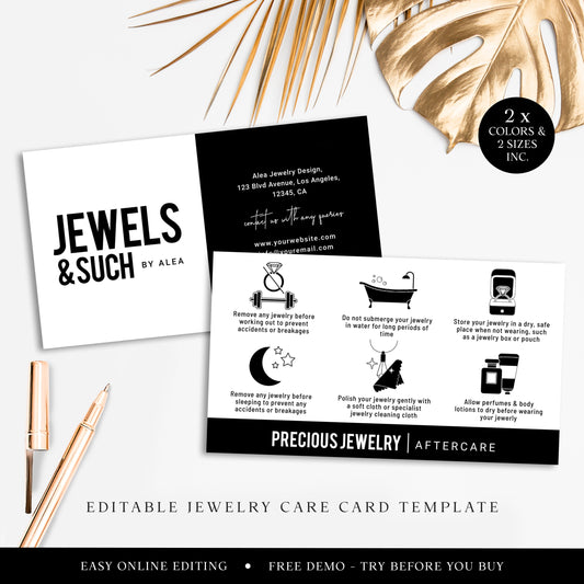 Editable Jewelry Care Template, 2 Sizes Minimalist DIY Edit Jewellery Care Guide Card, Printable Square Care Instructions SD-005