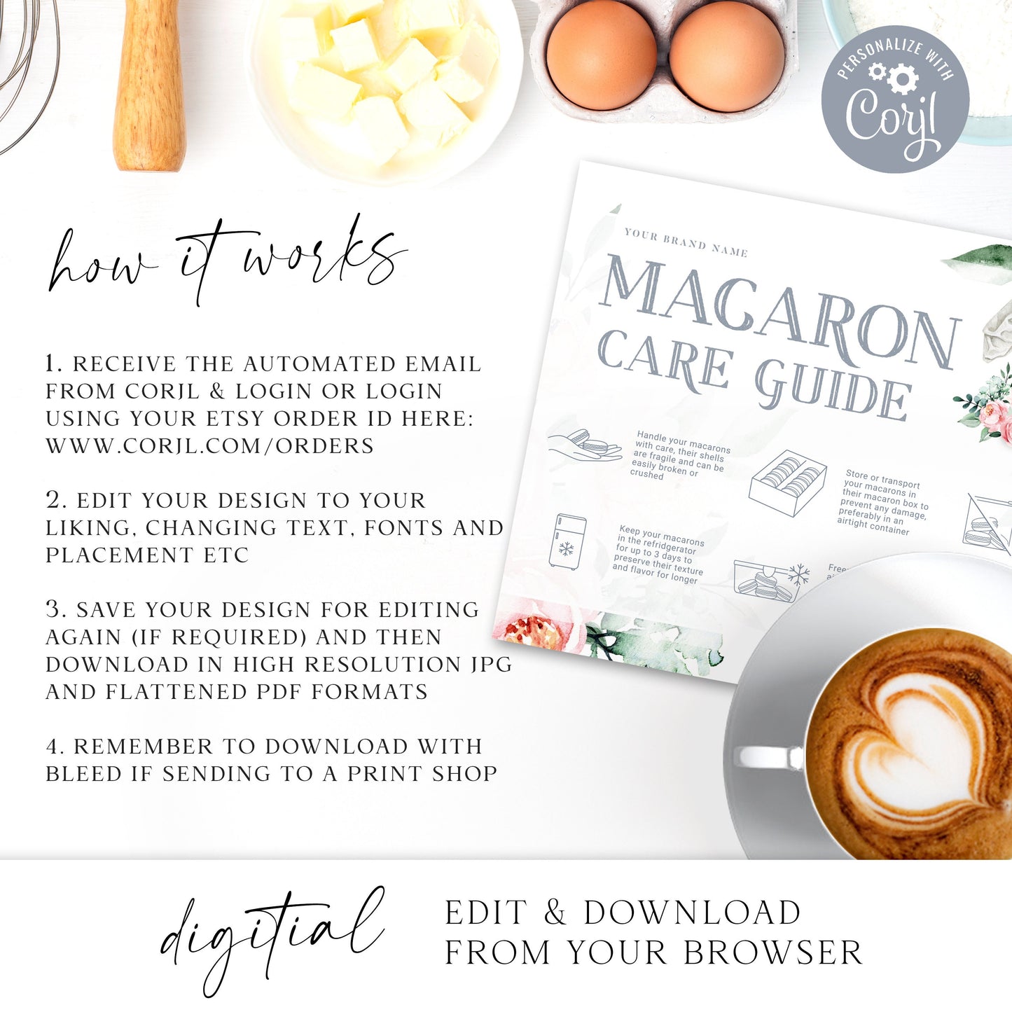 Editable Macaron Care Card, Printable Macarons Care Template, Watercolor Mixer Macaroons Care Guide, Macaron Transport Instructions JB-001