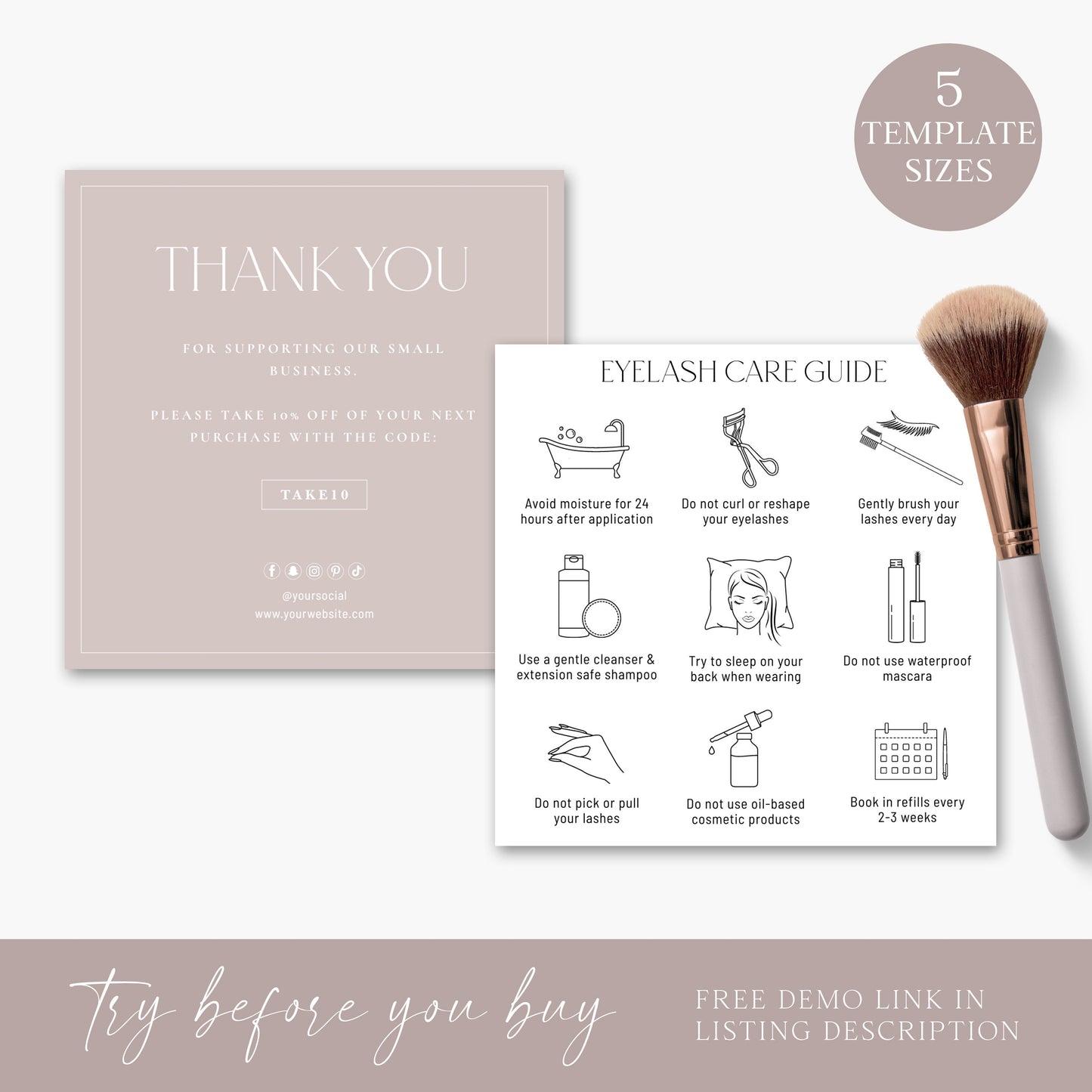 Lash Care Card Editable Template, Minimalist Eyelash Care Template, DIY Edit Lashes Care Guide, Printable Fake Eyelash Instructions SD-002