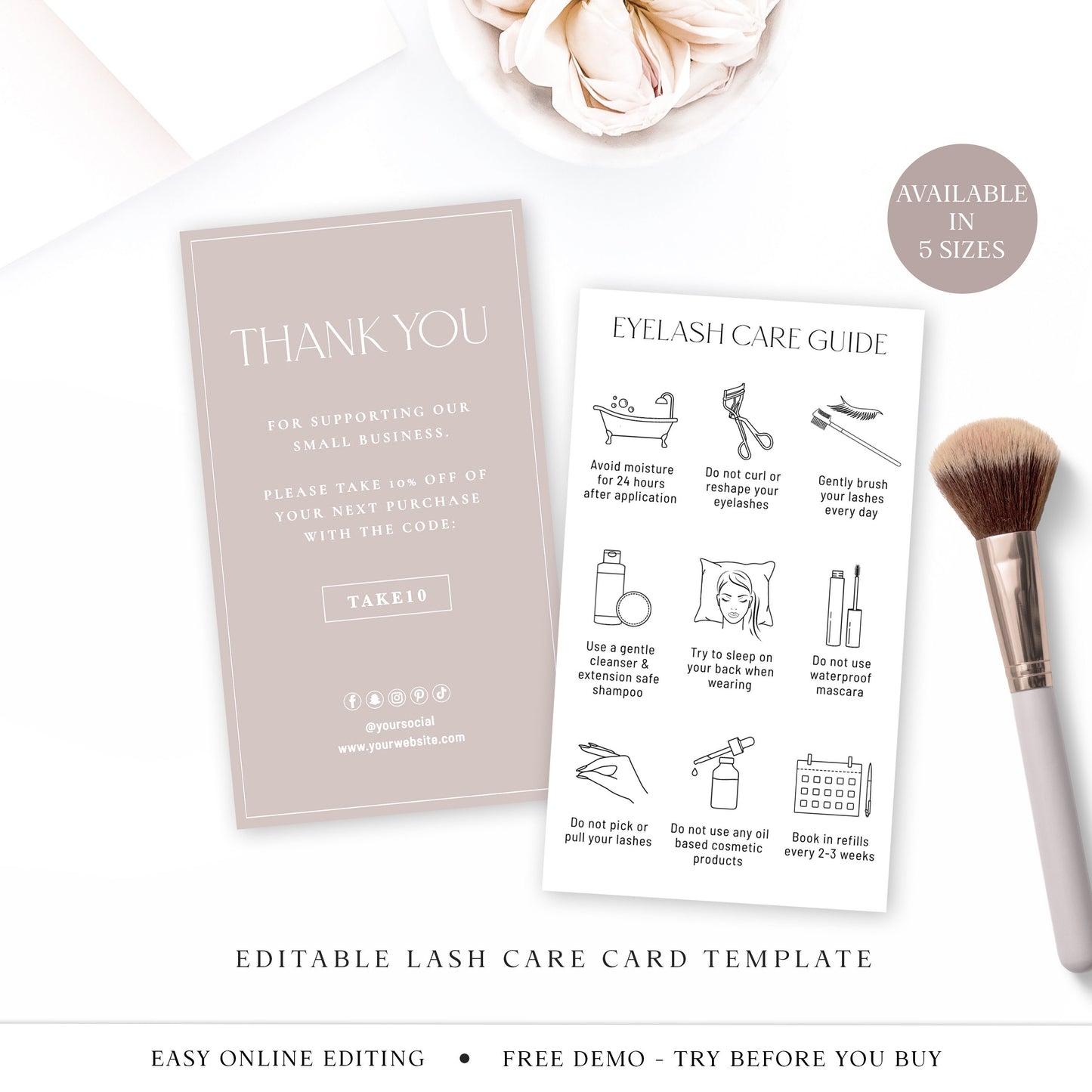 Lash Care Card Editable Template, Minimalist Eyelash Care Template, DIY Edit Lashes Care Guide, Printable Fake Eyelash Instructions SD-002