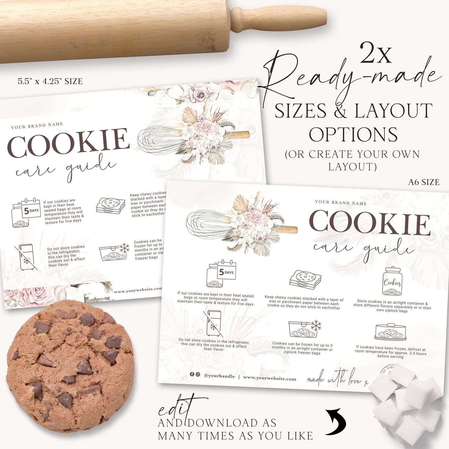 Editable Cookies Care Card, (2 Sizes) Printable Cookie Care Template, Watercolor Whisk Bakery Guide, Rustic Biscuit Care Instructions VB-001