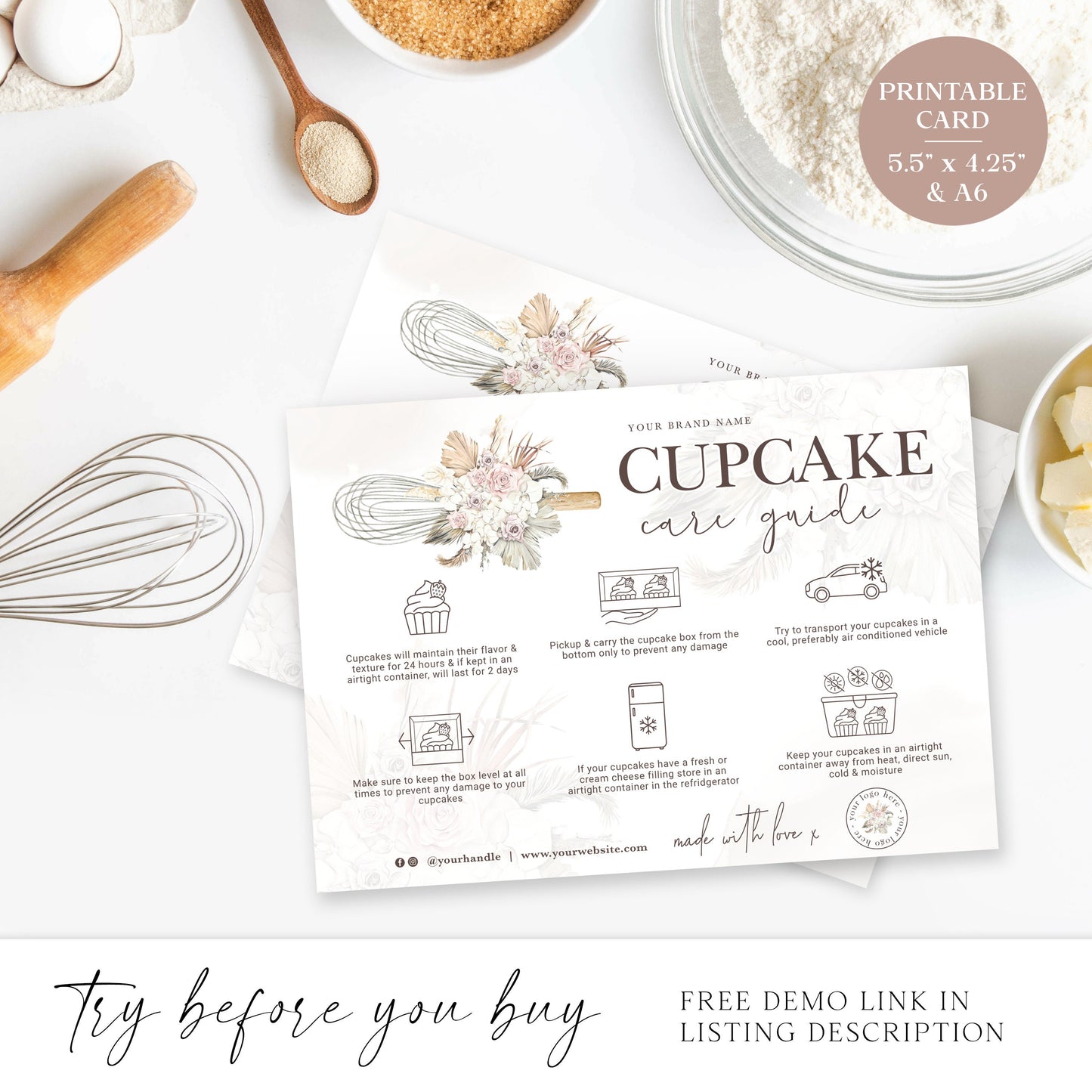 Editable Cupcake Care Card, (2 Sizes) Printable Cupcake Care Template, Watercolor Whisk Muffin Care Guide, Fresh Cupcake Instructions VB-001