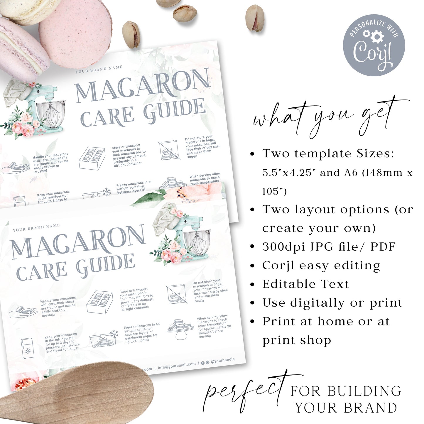 Editable Macaron Care Card, Printable Macarons Care Template, Watercolor Mixer Macaroons Care Guide, Macaron Transport Instructions JB-001